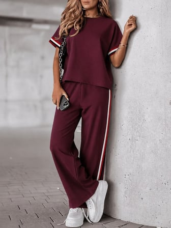 Kadın Kısa Kollu Bisiklet Yakalı Ribanalı Viskon Iki Iplik Bluz Ve Pantolon Ikili Takım Bordo 2XL/3XL