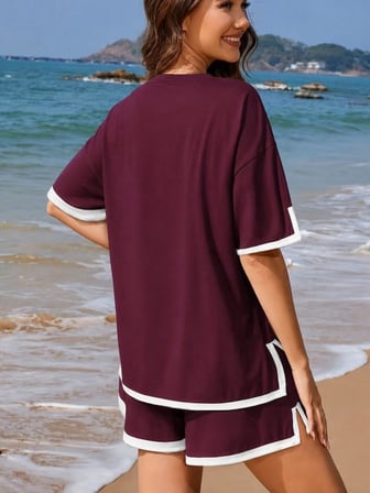 Kadın Kısa Kollu Bisiklet Yaka şerit Detaylı Viskon Iki Iplik Bluz Ve Kısa Short Ikili Takım Bordo 2XL/3XL