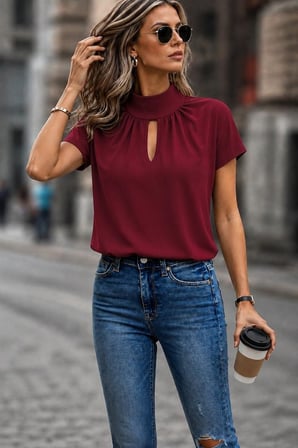 Kadın Kısa Kollu Balıkçı Yakalı Damla Detaylı Sandy Bluz Bordo S/M