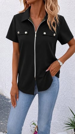 Kadın Kısa Kollu Ceket Yaka önü Fermuarlı Cep Detay Kısa Kol Ithal Krep Bluz Haki 2XL/3XL