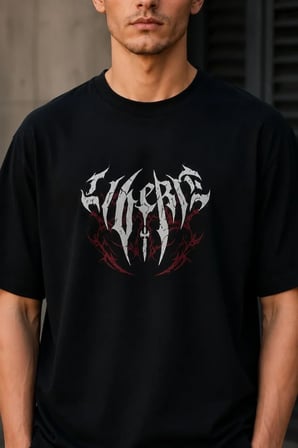 Erkek Gotik Yazı Baskılı Oversize Bisiklet Yaka T-shirt Siyah