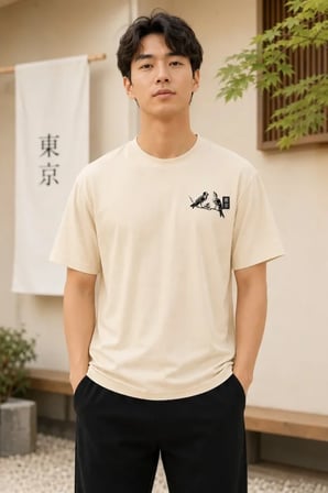 Erkek Ön ve Arka Tokyo Kuş Çiçek Baskılı Oversize T-shirt Ekru