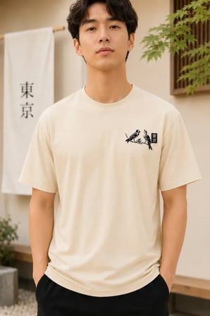 Erkek Ön ve Arka Tokyo Kuş Çiçek Baskılı Oversize T-shirt Ekru