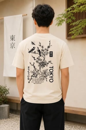 Erkek Ön ve Arka Tokyo Kuş Çiçek Baskılı Oversize T-shirt Ekru