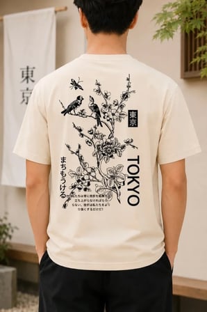 Erkek Ön ve Arka Tokyo Kuş Çiçek Baskılı Oversize T-shirt Ekru