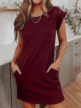 Kadın Kısa Kollu Bisiklet Yaka Cepli Viskon Iki Iplik Elbise