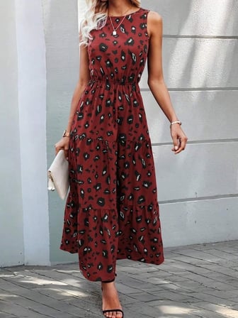 Kadın Kolsuz Bisiklet Yaka Beli Lastikli Desenli Süprem Elbise Kırmızı 2XL/3XL