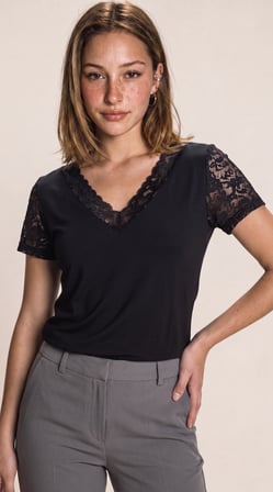 Kadın Kısa Kollu V Yakalı Dantelli Viskon Bluz Siyah L/XL
