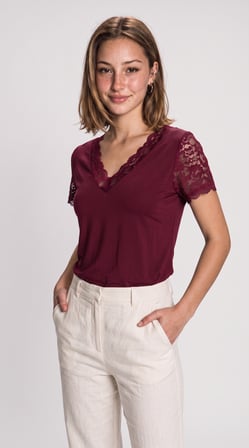Kadın Kısa Kollu V Yakalı Dantelli Viskon Bluz Bordo 2XL/3XL