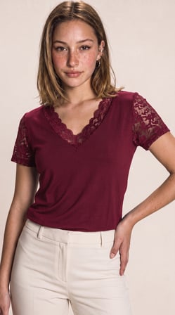Kadın Kısa Kollu V Yakalı Dantelli Viskon Bluz Bordo 2XL/3XL