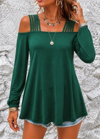Kadın Omuzlardan Açık şerit Detaylı Uzun Kollu Viskon Bluz Yeşil 2XL/3XL