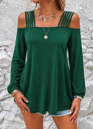 Kadın Omuzlardan Açık şerit Detaylı Uzun Kollu Viskon Bluz Yeşil 2XL/3XL