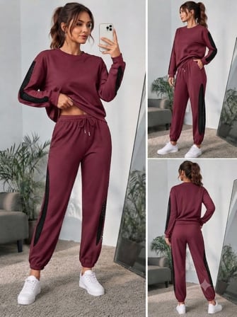 Kadın Uzun Kollu Bisiklet Yakalı File Tül Detaylı Viskon Iki Iplik Bluz Ve Pantolon Ikili Takım Bordo 2XL/3XL