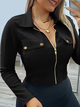 Kadın Uzun Kollu Yakalı Süs Cep Detaylı Fermuarlı Kısa Ithal Krep Ceket Siyah 2XL/3XL