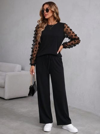 Kadın Uzun Kollu Bisiklet Yakalı Kolları Tullu Viskon Iki Iplik Bluz Ve Pantolon Ikili Takım Siyah 2XL/3XL