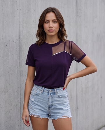 Kadın Kısa Kollu Tül Detaylı Taşlı Janjan Krep Bluz Mor 2XL/3XL