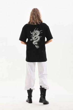 Unisex Baskılı Oversize T-Shirt - Siyah
