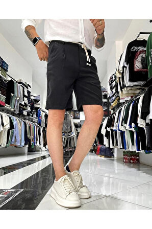 Modal Kumaş Kemer Detaylı Erkek Şort Siyah