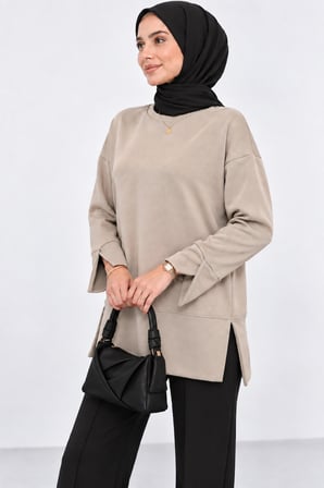 Kadın Taş Rengi Modal Kumaş Yırtmaç Detaylı Bisiklet Yaka Oversize Tesettür Tunik Sweat