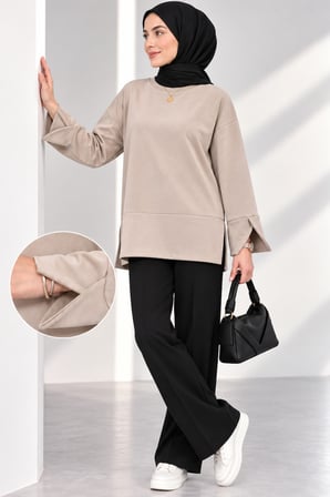 Kadın Taş Rengi Modal Kumaş Yırtmaç Detaylı Bisiklet Yaka Oversize Tesettür Tunik Sweat
