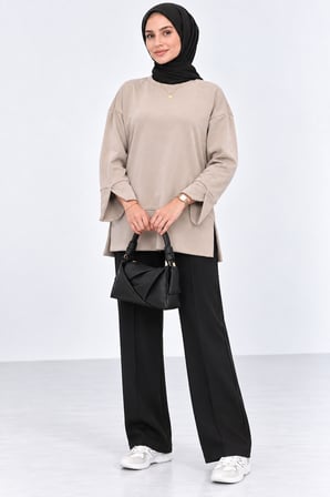Kadın Taş Rengi Modal Kumaş Yırtmaç Detaylı Bisiklet Yaka Oversize Tesettür Tunik Sweat
