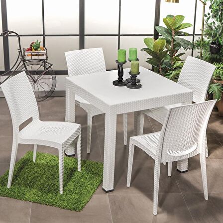 Rattan 80x80 Bahçe&Balkon&Teras Masa Seti - Beyaz