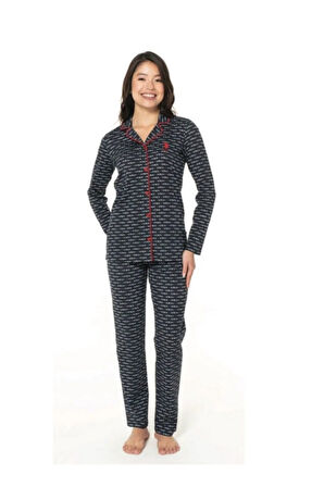 Kadın Lacivert Pamuklu Lisanslı Çeyizlik Önden Düğmeli Pijama Takımı 20144