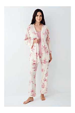 Kadın Gül Kurusu Sabahlıklı Ip Askılı Dantel Detaylı 3'lü Pijama Takım-9058