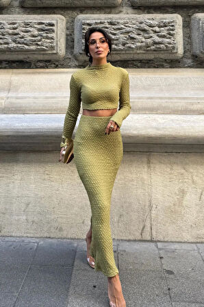 Kadın Bürümcük Kumaş Safir Dokulu Likralı Crop Top ve Maxi Etek Takım MDM3002