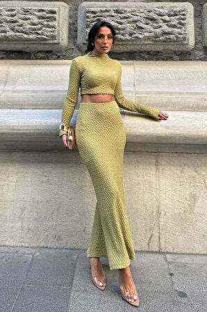 Kadın Bürümcük Kumaş Safir Dokulu Likralı Crop Top ve Maxi Etek Takım MDM3002