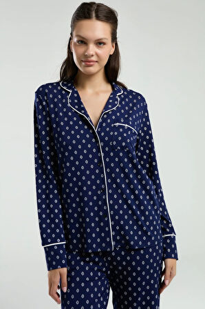 Viskon & Likralı, Önden Düğmeli, Uzun Kollu, Gömlek Yaka, Cepli, Kadın Pijama Takımı -8950