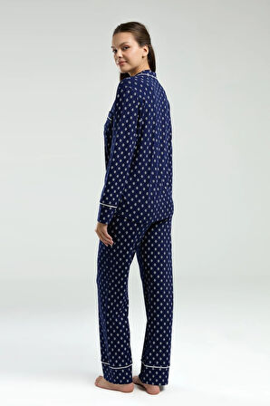 Viskon & Likralı, Önden Düğmeli, Uzun Kollu, Gömlek Yaka, Cepli, Kadın Pijama Takımı -8950