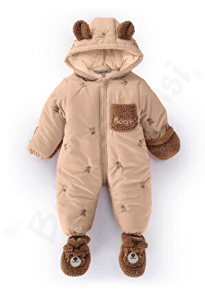 Ayıcıklı Patikli Peluş Kar Kışlık Eldivenli Kapüşonlu Çocuk Erkek Bebek Astronot Tulum Kozmonot Mont