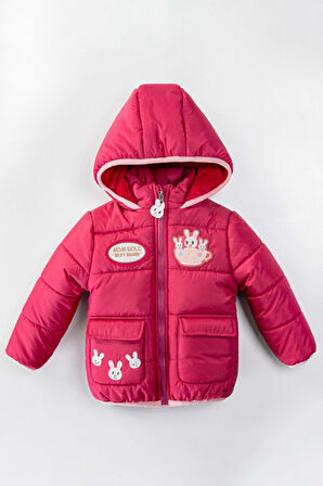 Tavşan Şişme İçi Peluş Kürklü Fermuarlı Cepli Kalın Kar Kapüşonlu Kışlık Kız Bebek Mont Çocuk Kaban