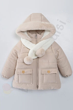 Atkı Kapüşonlu Cepli İçi Peluş Kürklü Fermuarlı Kapitone Kar Şişme Kışlık Kız Bebek Mont Çocuk Kaban