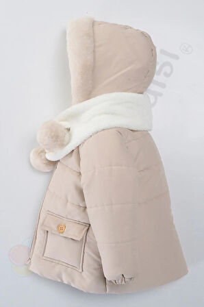 Atkı Kapüşonlu Cepli İçi Peluş Kürklü Fermuarlı Kapitone Kar Şişme Kışlık Kız Bebek Mont Çocuk Kaban