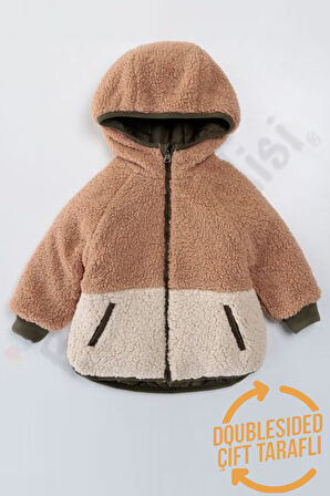 Çift Taraflı Peluş Kürklü Şişme Fermuarlı Cepli Kar Kapüşonlu Kışlık Erkek Bebek Mont Çocuk Kaban