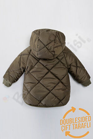 Çift Taraflı Peluş Kürklü Şişme Fermuarlı Cepli Kar Kapüşonlu Kışlık Erkek Bebek Mont Çocuk Kaban