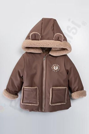 Ayılı İçi Peluş Kürklü Fermuarlı Cepli Kalın Kapüşonlu Kar Şişme Kışlık Erkek Bebek Mont Çocuk Kaban
