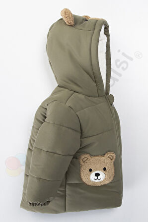 Ayıcıklı İçi Peluş Kürklü Fermuarlı Kapitone Kapüşonlu Kar Şişme Kışlık Erkek Bebek Mont Çocuk Kaban