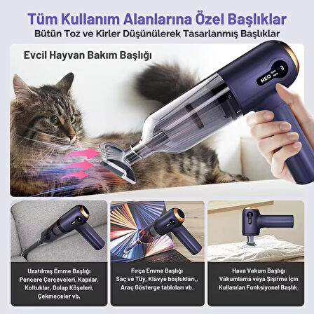 Şarjlı Araç Süpürgesi 3 Kademeli Süper Çekim Gücü 2in1 18.000PA Çekim ve Üfleme Ev-Araç-Kamp Yedek Filtre Hediyeli - Neo