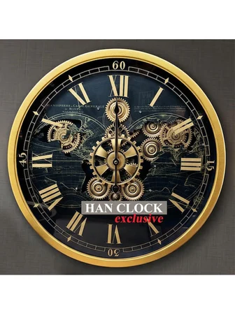 Han Clock Explorer Metal Çarklı Dekoratif Duvar Saati 46cm Siyah Altın Renkli