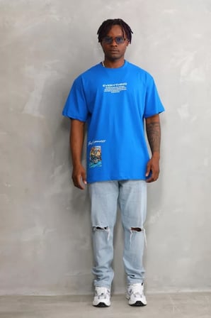 MODA ŞEHRİ Unisex Bisiklet Yaka Baskılı Oversize T-Shirt - Mavi