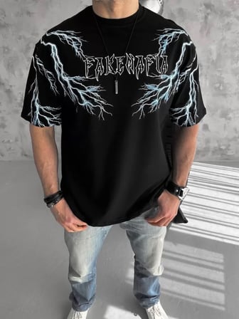 MODA ŞEHRİ Unisex Bisiklet Yaka Baskılı Oversize T-Shirt-Siyah