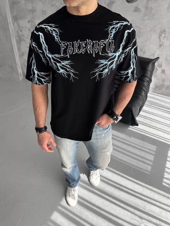 MODA ŞEHRİ Unisex Bisiklet Yaka Baskılı Oversize T-Shirt-Siyah