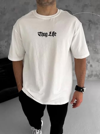 MODA ŞEHRİ Unisex Bisiklet Yaka Baskılı Oversize T-Shirt - Beyaz