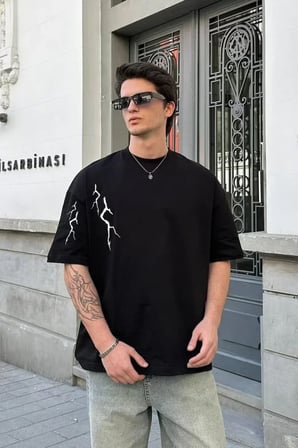 MODA ŞEHRİ Unisex Bisiklet Yaka Baskılı Oversize T-Shirt - Siyah