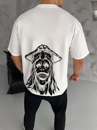 MODA ŞEHRİ Unisex Bisiklet Yaka Baskılı Oversize T-Shirt - Beyaz