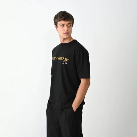 MODA ŞEHRİ Unisex Bisiklet Yaka Baskılı Oversize T-Shirt - Siyah