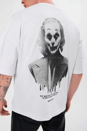 MODA ŞEHRİ Unisex Bisiklet Yaka Baskılı Oversize T-Shirt - Beyaz